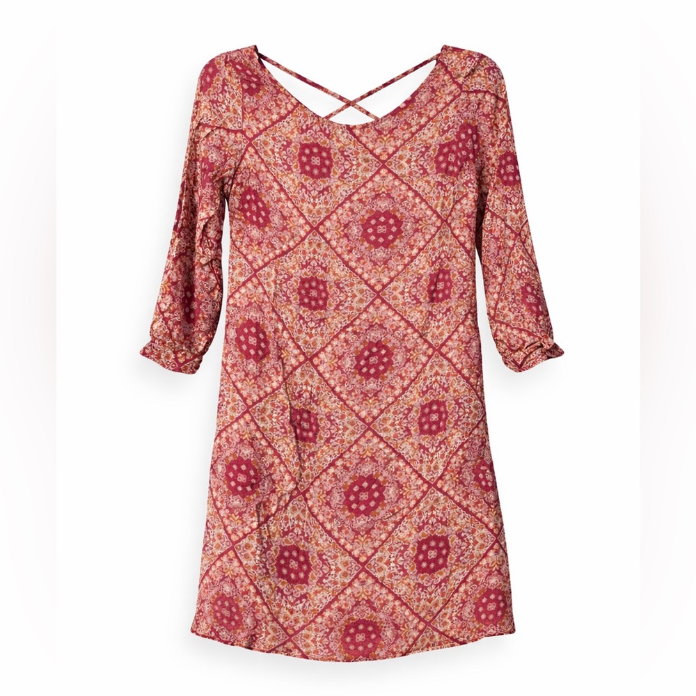 Charming Charlie Boho Paisley Burgundy Shift Dress Small NWT 3/4 Sleeve Y2K